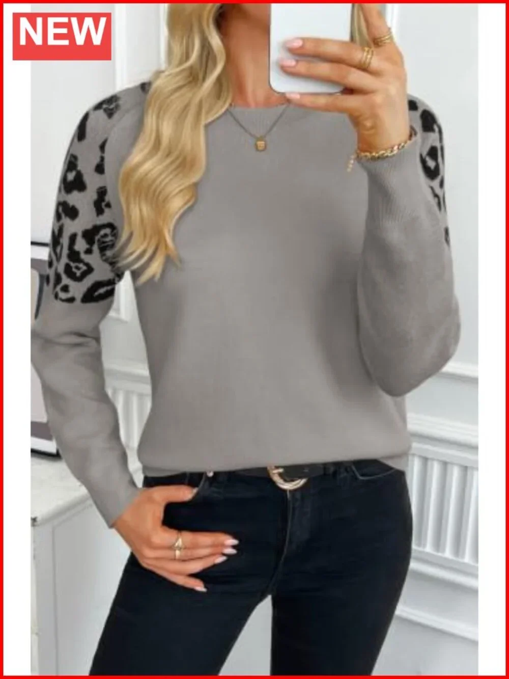 Raglan Sleeve Leopard Knit Pullover Sweater Loose Fit Fall Winter